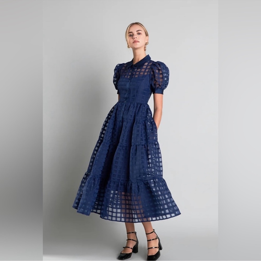 English Factory Gridded Tiered Organza Blue Puff Sleeve Maxi Dress
